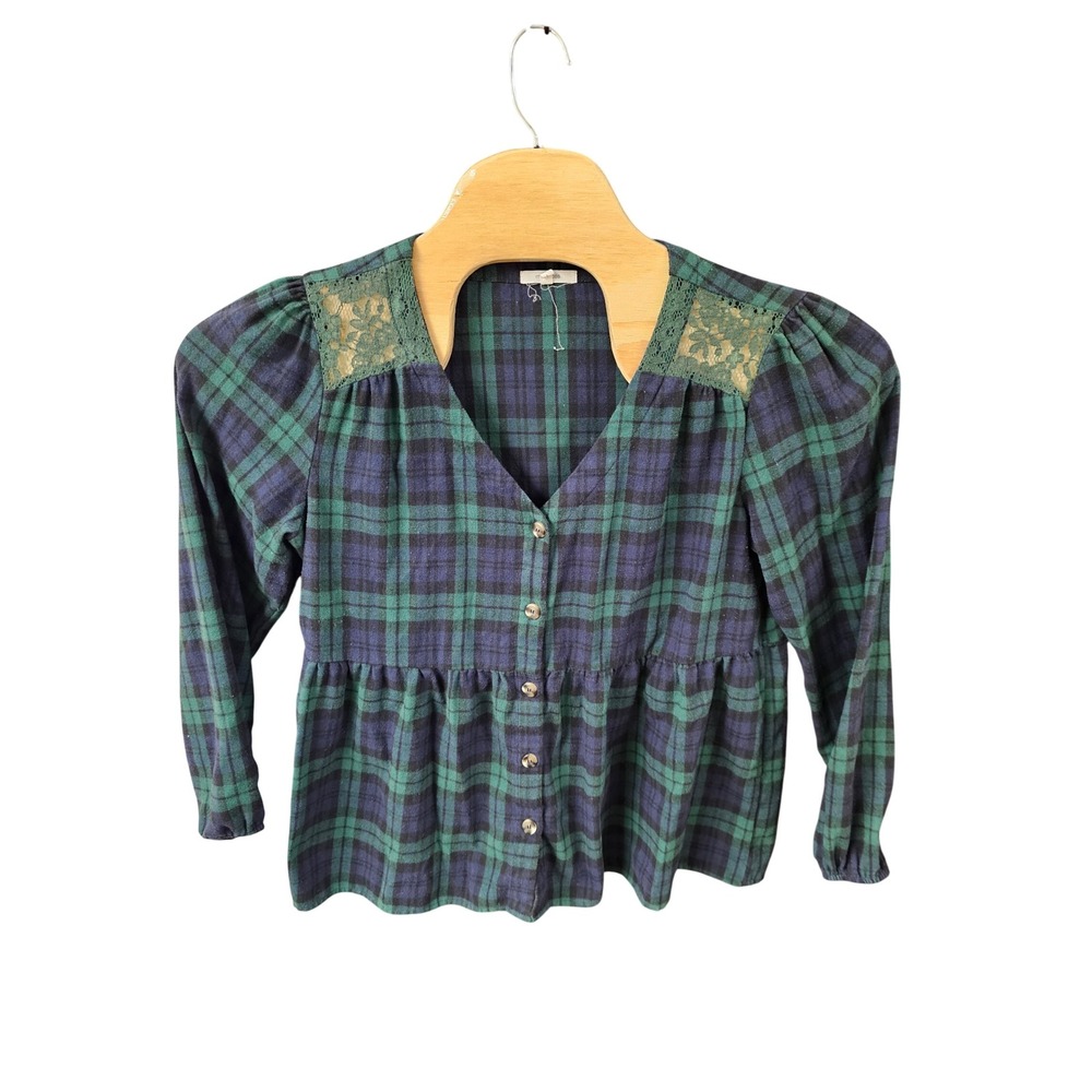 Maurices Green Navy Plaid Lace Shoulder Babydoll Button Front Top Large
